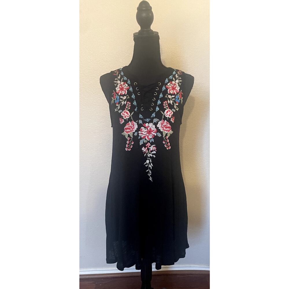Altar'd State Black Dress With Embroidered Floral Print Size Sm